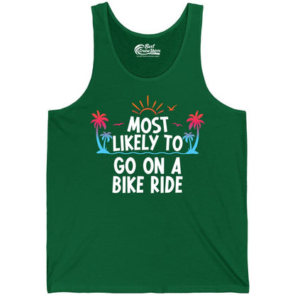Most Likely to Go On a Bike Ride Shirt - Tropical Sunset Tee (Tank Top) in Kelly - Most Likely To Go On A Bike Ride Tropical Sunset Palm Trees Shirt