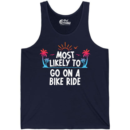 Most Likely to Go On a Bike Ride Shirt - Tropical Sunset Tee (Tank Top) in Navy - Most Likely To Go On A Bike Ride Tropical Sunset Palm Trees Shirt