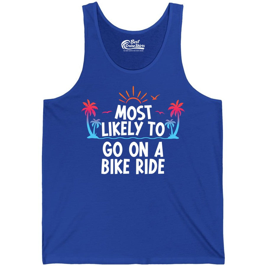 Most Likely to Go On a Bike Ride Shirt - Tropical Sunset Tee (Tank Top) in True Royal - Most Likely To Go On A Bike Ride Tropical Sunset Palm Trees Shirt