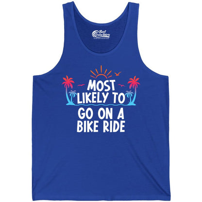 Most Likely to Go On a Bike Ride Shirt - Tropical Sunset Tee (Tank Top) in True Royal - Most Likely To Go On A Bike Ride Tropical Sunset Palm Trees Shirt