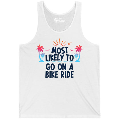 Most Likely to Go On a Bike Ride Shirt - Tropical Sunset Tee (Tank Top) in White - Most Likely To Go On A Bike Ride Tropical Sunset Palm Trees Shirt