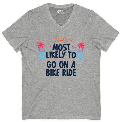 Most Likely to Go On a Bike Ride Shirt - Tropical Sunset Tee (V-Neck) in Athletic Heather - Most Likely To Go On A Bike Ride Tropical Sunset Palm Trees Shirt