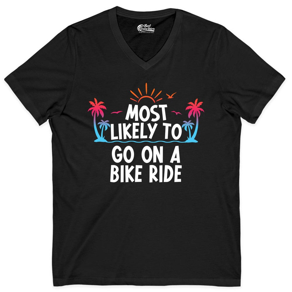 Most Likely to Go On a Bike Ride Shirt - Tropical Sunset Tee (V-Neck) in Black - Most Likely To Go On A Bike Ride Tropical Sunset Palm Trees Shirt