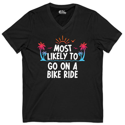 Most Likely to Go On a Bike Ride Shirt - Tropical Sunset Tee (V-Neck) in Black - Most Likely To Go On A Bike Ride Tropical Sunset Palm Trees Shirt