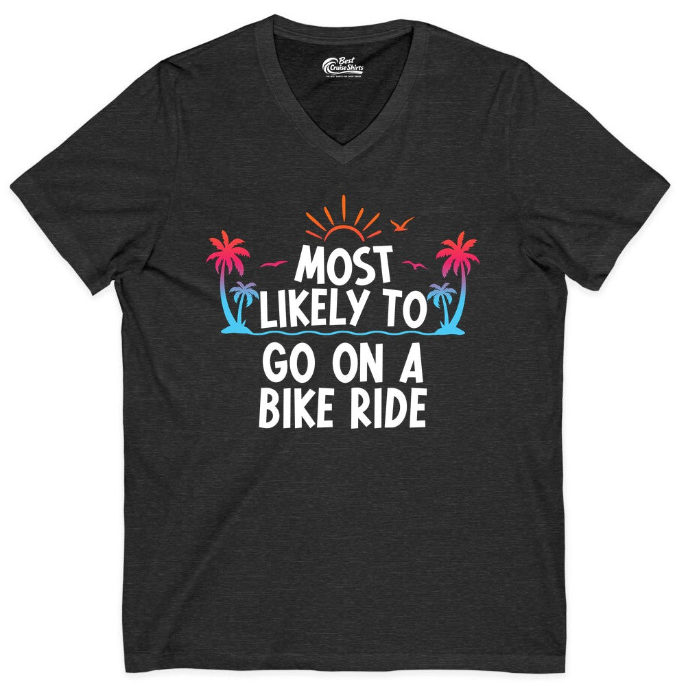 Most Likely to Go On a Bike Ride Shirt - Tropical Sunset Tee (V-Neck) in Dark Grey Heather - Most Likely To Go On A Bike Ride Tropical Sunset Palm Trees Shirt