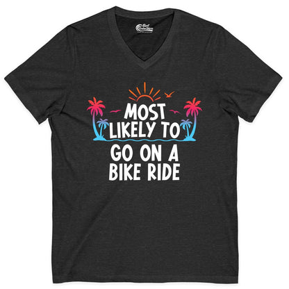 Most Likely to Go On a Bike Ride Shirt - Tropical Sunset Tee (V-Neck) in Dark Grey Heather - Most Likely To Go On A Bike Ride Tropical Sunset Palm Trees Shirt