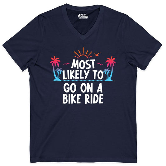 Most Likely to Go On a Bike Ride Shirt - Tropical Sunset Tee (V-Neck) in Navy - Most Likely To Go On A Bike Ride Tropical Sunset Palm Trees Shirt