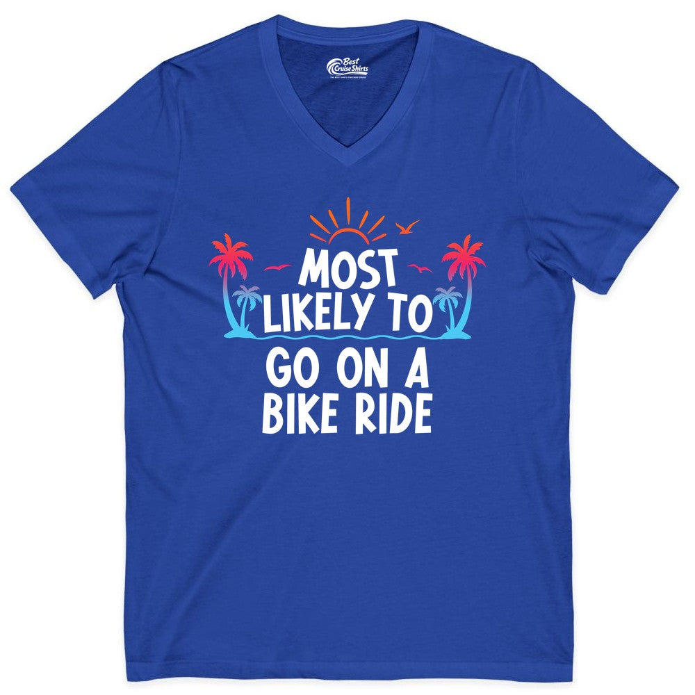 Most Likely to Go On a Bike Ride Shirt - Tropical Sunset Tee (V-Neck) in True Royal - Most Likely To Go On A Bike Ride Tropical Sunset Palm Trees Shirt