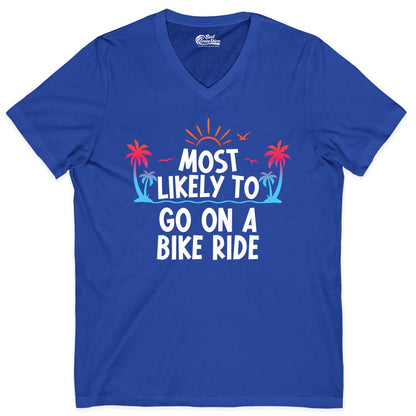 Most Likely to Go On a Bike Ride Shirt - Tropical Sunset Tee (V-Neck) in True Royal - Most Likely To Go On A Bike Ride Tropical Sunset Palm Trees Shirt