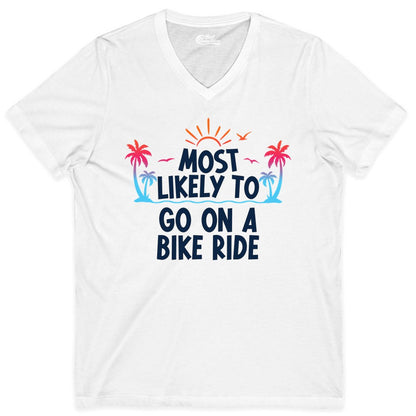 Most Likely to Go On a Bike Ride Shirt - Tropical Sunset Tee (V-Neck) in White - Most Likely To Go On A Bike Ride Tropical Sunset Palm Trees Shirt