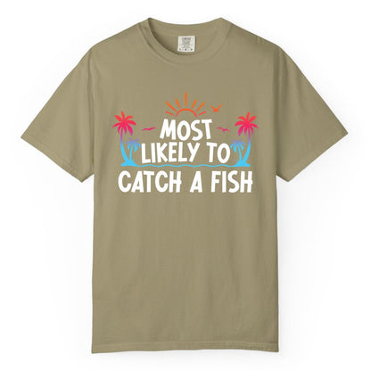 Most Likely to Catch a Fish Shirt - Funny Tropical Fishing Tee (Comfort Color) in Khaki - Most Likely To Catch A Fish Tropical Retro Sunset Fishing Shirt