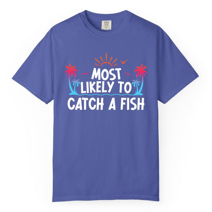 Most Likely to Catch a Fish Shirt - Funny Tropical Fishing Tee (Comfort Color) in Periwinkle - Most Likely To Catch A Fish Tropical Retro Sunset Fishing Shirt