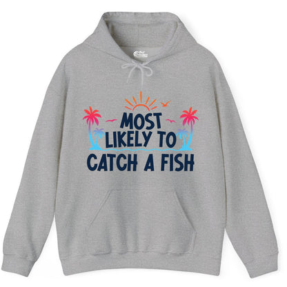 Most Likely to Catch a Fish Shirt - Funny Tropical Fishing Tee (Hoodie) in Sport Grey - Most Likely To Catch A Fish Tropical Retro Sunset Fishing Shirt