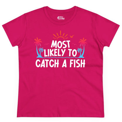 Most Likely to Catch a Fish Shirt - Funny Tropical Fishing Tee (Ladies Tee) in Heliconia - Most Likely To Catch A Fish Tropical Retro Sunset Fishing Shirt