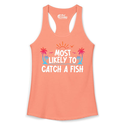 Most Likely to Catch a Fish Shirt - Funny Tropical Fishing Tee (Ladies Tank) in Solid Light Orange - Most Likely To Catch A Fish Tropical Retro Sunset Fishing Shirt