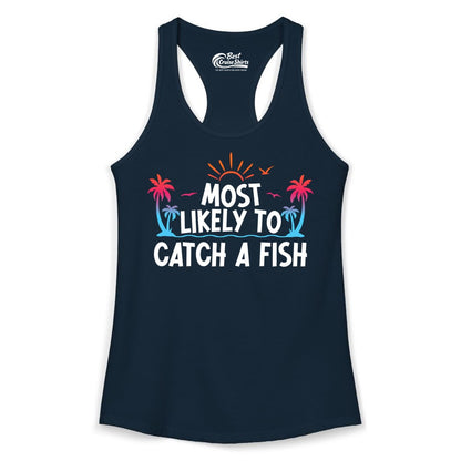 Most Likely to Catch a Fish Shirt - Funny Tropical Fishing Tee (Ladies Tank) in Solid Midnight Navy - Most Likely To Catch A Fish Tropical Retro Sunset Fishing Shirt
