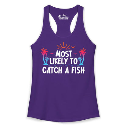 Most Likely to Catch a Fish Shirt - Funny Tropical Fishing Tee (Ladies Tank) in Solid Purple Rush - Most Likely To Catch A Fish Tropical Retro Sunset Fishing Shirt