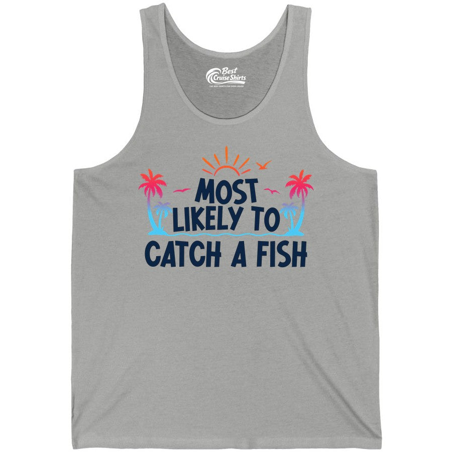 Most Likely to Catch a Fish Shirt - Funny Tropical Fishing Tee (Tank Top) in Athletic Heather - Most Likely To Catch A Fish Tropical Retro Sunset Fishing Shirt