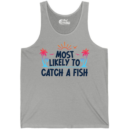 Most Likely to Catch a Fish Shirt - Funny Tropical Fishing Tee (Tank Top) in Athletic Heather - Most Likely To Catch A Fish Tropical Retro Sunset Fishing Shirt