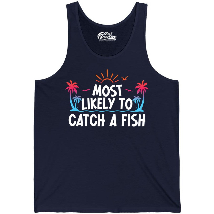 Most Likely to Catch a Fish Shirt - Funny Tropical Fishing Tee (Tank Top) in Navy - Most Likely To Catch A Fish Tropical Retro Sunset Fishing Shirt