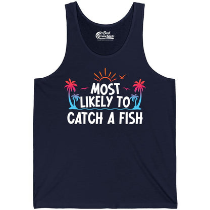 Most Likely to Catch a Fish Shirt - Funny Tropical Fishing Tee (Tank Top) in Navy - Most Likely To Catch A Fish Tropical Retro Sunset Fishing Shirt