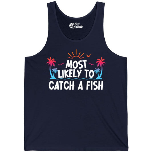 Most Likely to Catch a Fish Shirt - Funny Tropical Fishing Tee (Tank Top) in Navy - Most Likely To Catch A Fish Tropical Retro Sunset Fishing Shirt