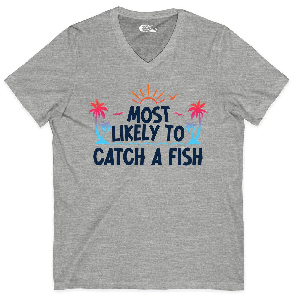 Most Likely to Catch a Fish Shirt - Funny Tropical Fishing Tee (V-Neck) in Athletic Heather - Most Likely To Catch A Fish Tropical Retro Sunset Fishing Shirt