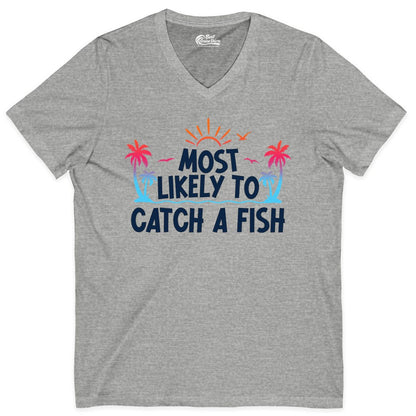 Most Likely to Catch a Fish Shirt - Funny Tropical Fishing Tee (V-Neck) in Athletic Heather - Most Likely To Catch A Fish Tropical Retro Sunset Fishing Shirt