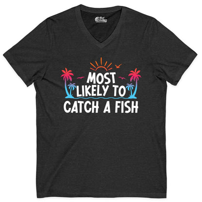 Most Likely to Catch a Fish Shirt - Funny Tropical Fishing Tee (V-Neck) in Dark Grey Heather - Most Likely To Catch A Fish Tropical Retro Sunset Fishing Shirt
