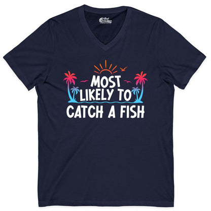 Most Likely to Catch a Fish Shirt - Funny Tropical Fishing Tee (V-Neck) in Navy - Most Likely To Catch A Fish Tropical Retro Sunset Fishing Shirt