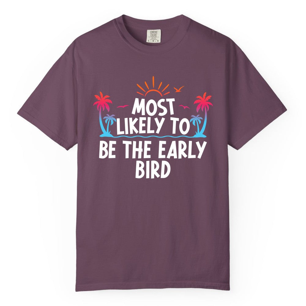 Early Bird Beach Shirt - Tropical Sunrise Palm Tree Vacation Tee (Comfort Color) in Berry - Early Bird Tropical Sunrise Shirt - Palm Trees Birds Beach Tee