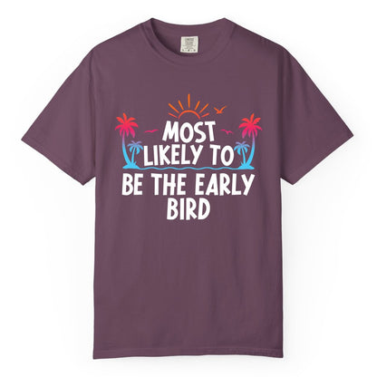Early Bird Beach Shirt - Tropical Sunrise Palm Tree Vacation Tee (Comfort Color) in Berry - Early Bird Tropical Sunrise Shirt - Palm Trees Birds Beach Tee