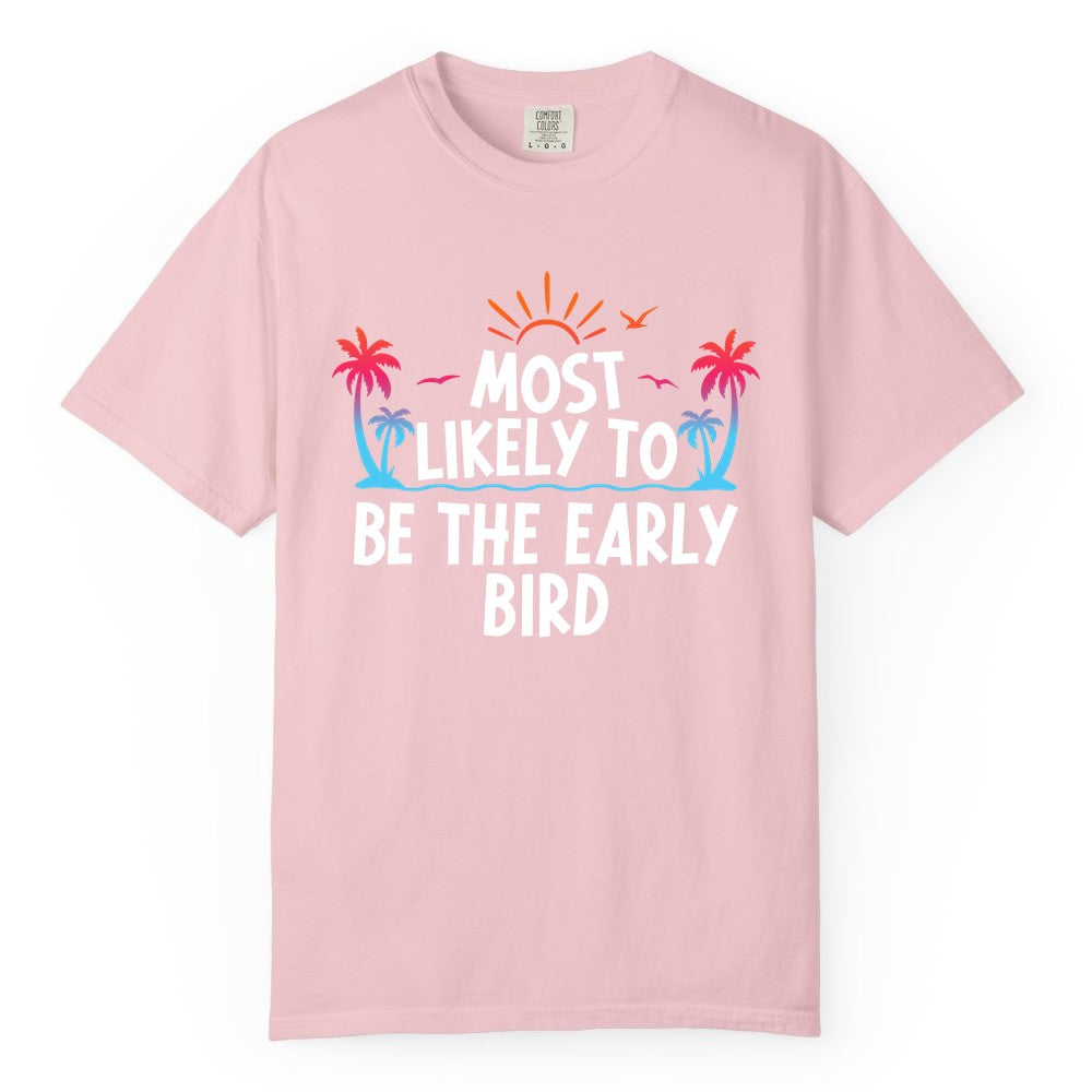 Early Bird Beach Shirt - Tropical Sunrise Palm Tree Vacation Tee (Comfort Color) in Blossom - Early Bird Tropical Sunrise Shirt - Palm Trees Birds Beach Tee