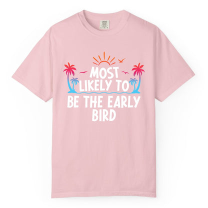 Early Bird Beach Shirt - Tropical Sunrise Palm Tree Vacation Tee (Comfort Color) in Blossom - Early Bird Tropical Sunrise Shirt - Palm Trees Birds Beach Tee