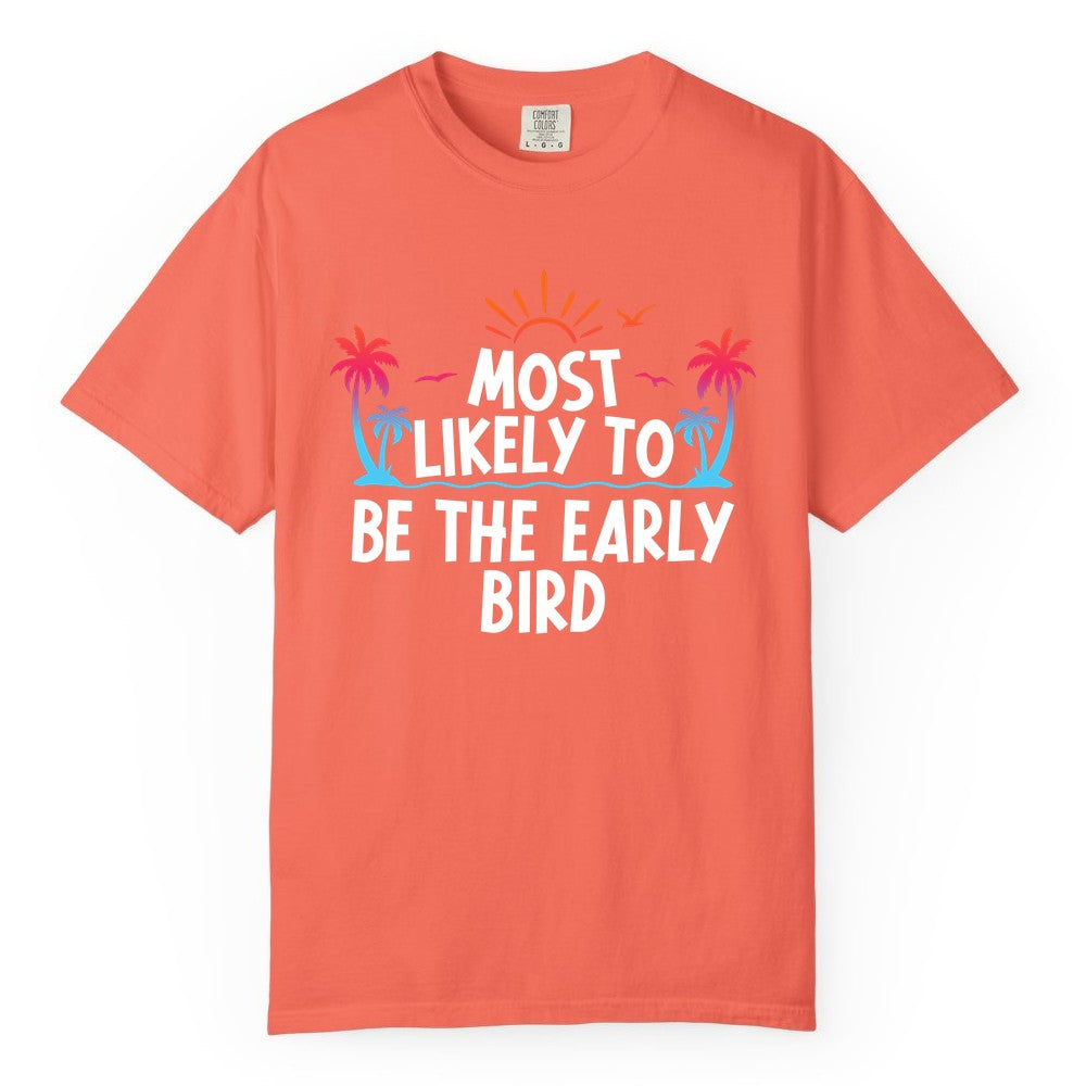 Early Bird Beach Shirt - Tropical Sunrise Palm Tree Vacation Tee (Comfort Color) in Bright Salmon - Early Bird Tropical Sunrise Shirt - Palm Trees Birds Beach Tee