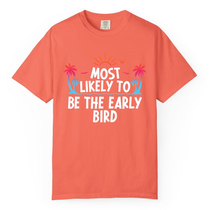 Early Bird Beach Shirt - Tropical Sunrise Palm Tree Vacation Tee (Comfort Color) in Bright Salmon - Early Bird Tropical Sunrise Shirt - Palm Trees Birds Beach Tee
