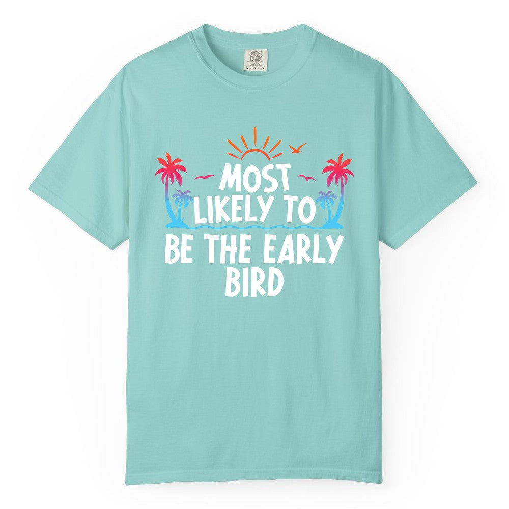 Early Bird Beach Shirt - Tropical Sunrise Palm Tree Vacation Tee (Comfort Color) in Chalky Mint - Early Bird Tropical Sunrise Shirt - Palm Trees Birds Beach Tee