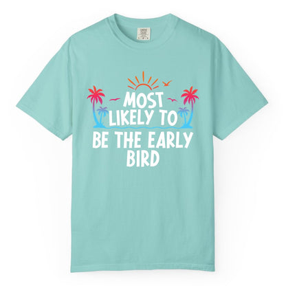 Early Bird Beach Shirt - Tropical Sunrise Palm Tree Vacation Tee (Comfort Color) in Chalky Mint - Early Bird Tropical Sunrise Shirt - Palm Trees Birds Beach Tee
