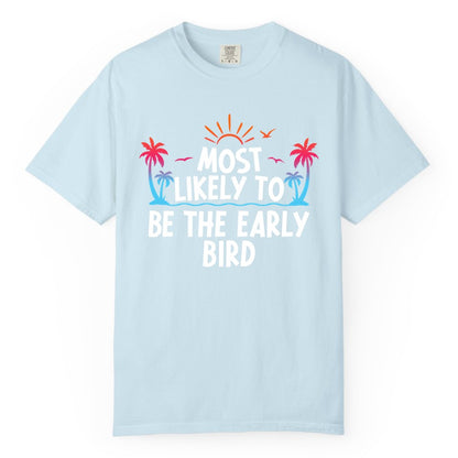 Early Bird Beach Shirt - Tropical Sunrise Palm Tree Vacation Tee (Comfort Color) in Chambray - Early Bird Tropical Sunrise Shirt - Palm Trees Birds Beach Tee