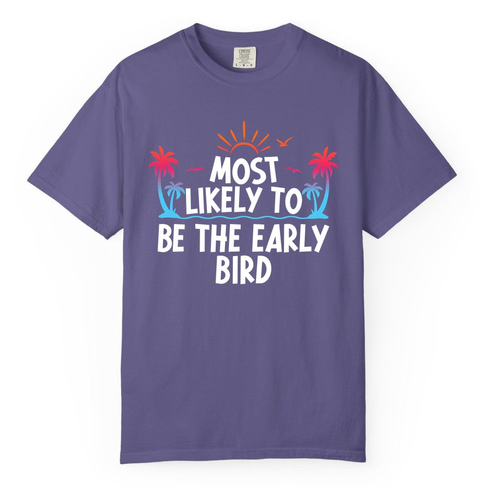 Early Bird Beach Shirt - Tropical Sunrise Palm Tree Vacation Tee (Comfort Color) in Grape - Early Bird Tropical Sunrise Shirt - Palm Trees Birds Beach Tee
