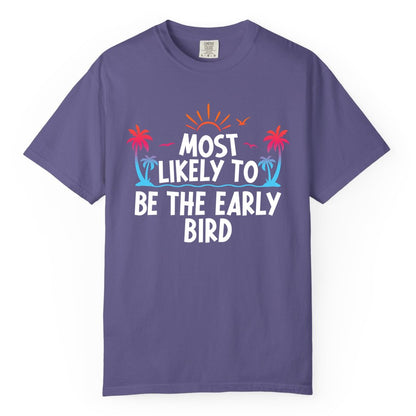 Early Bird Beach Shirt - Tropical Sunrise Palm Tree Vacation Tee (Comfort Color) in Grape - Early Bird Tropical Sunrise Shirt - Palm Trees Birds Beach Tee