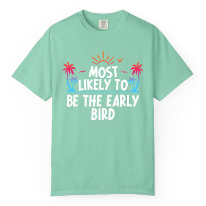 Early Bird Beach Shirt - Tropical Sunrise Palm Tree Vacation Tee (Comfort Color) in Island Reef - Early Bird Tropical Sunrise Shirt - Palm Trees Birds Beach Tee