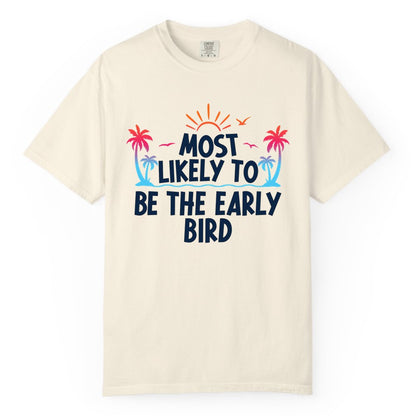 Early Bird Beach Shirt - Tropical Sunrise Palm Tree Vacation Tee (Comfort Color) in Ivory - Early Bird Tropical Sunrise Shirt - Palm Trees Birds Beach Tee