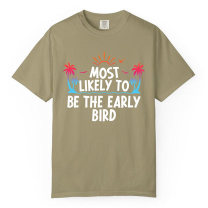Early Bird Beach Shirt - Tropical Sunrise Palm Tree Vacation Tee (Comfort Color) in Khaki - Early Bird Tropical Sunrise Shirt - Palm Trees Birds Beach Tee