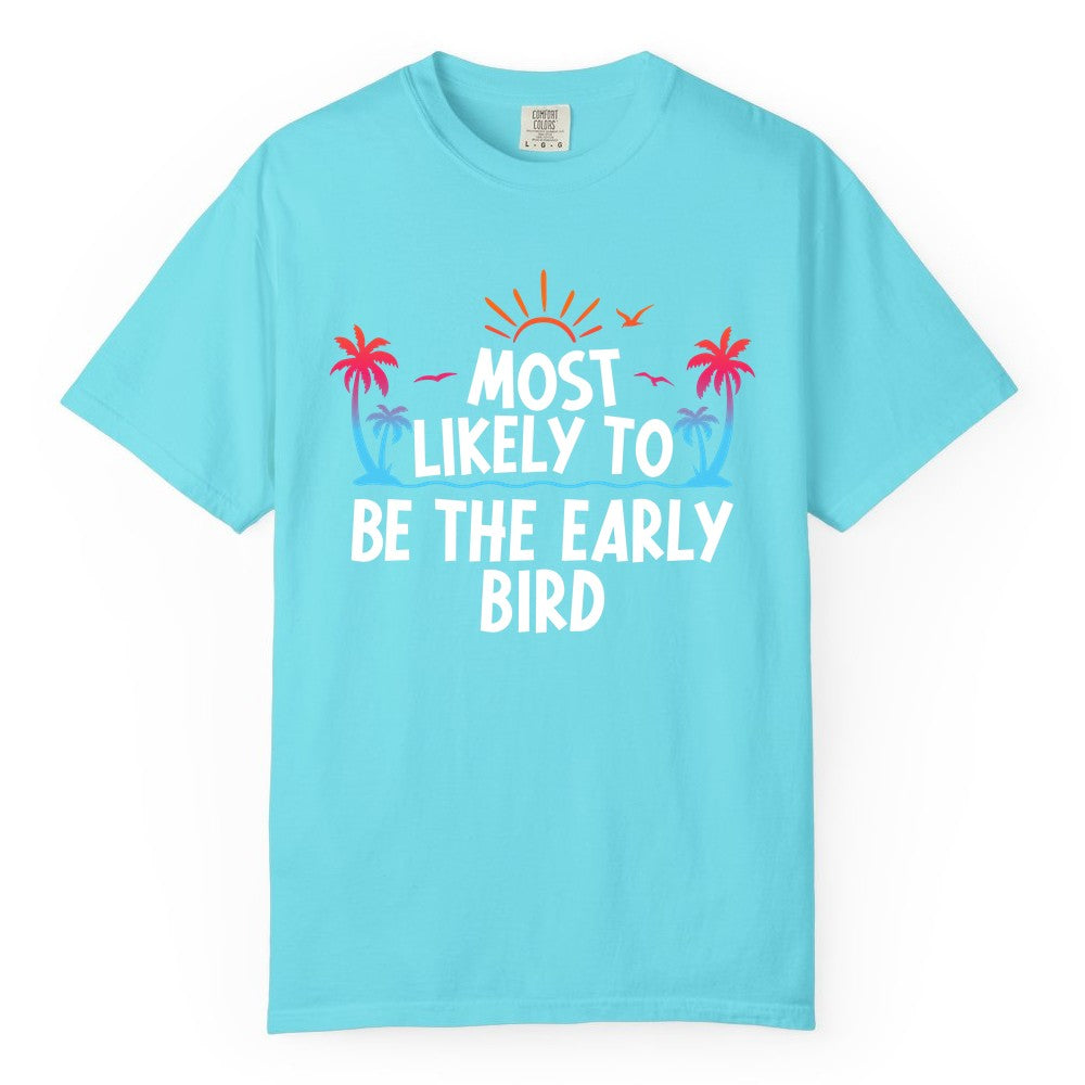 Early Bird Beach Shirt - Tropical Sunrise Palm Tree Vacation Tee (Comfort Color) in Lagoon Blue - Early Bird Tropical Sunrise Shirt - Palm Trees Birds Beach Tee