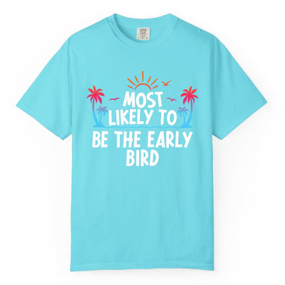 Early Bird Beach Shirt - Tropical Sunrise Palm Tree Vacation Tee (Comfort Color) in Lagoon Blue - Early Bird Tropical Sunrise Shirt - Palm Trees Birds Beach Tee