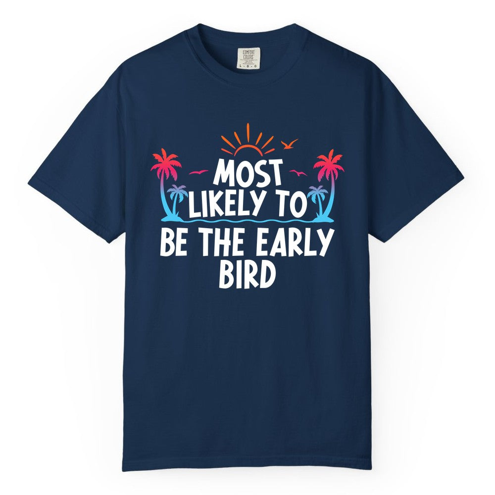 Early Bird Beach Shirt - Tropical Sunrise Palm Tree Vacation Tee (Comfort Color) in Navy - Early Bird Tropical Sunrise Shirt - Palm Trees Birds Beach Tee