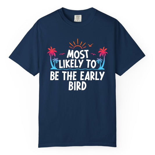 Early Bird Beach Shirt - Tropical Sunrise Palm Tree Vacation Tee (Comfort Color) in Navy - Early Bird Tropical Sunrise Shirt - Palm Trees Birds Beach Tee