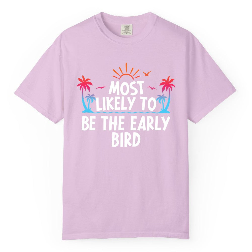 Early Bird Beach Shirt - Tropical Sunrise Palm Tree Vacation Tee (Comfort Color) in Orchid - Early Bird Tropical Sunrise Shirt - Palm Trees Birds Beach Tee