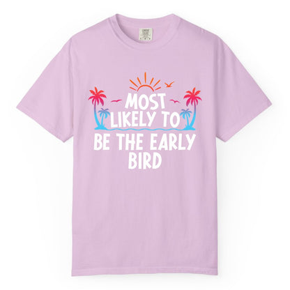 Early Bird Beach Shirt - Tropical Sunrise Palm Tree Vacation Tee (Comfort Color) in Orchid - Early Bird Tropical Sunrise Shirt - Palm Trees Birds Beach Tee
